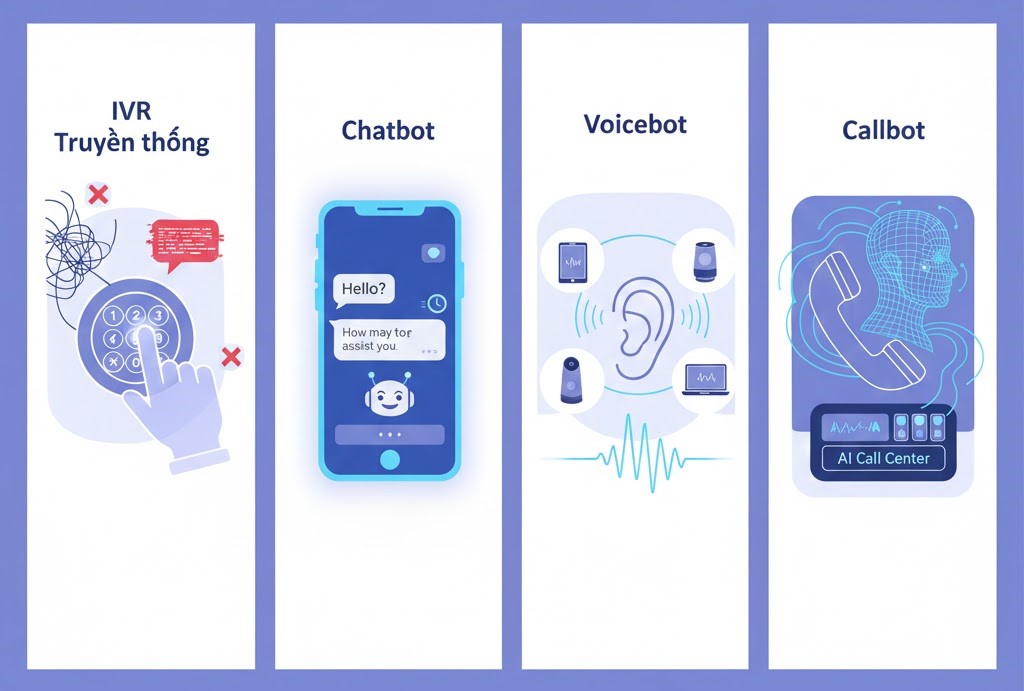 Callbot khác gì IVR, Voicebot và Chatbot